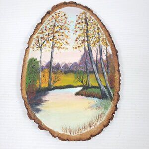 VTG Hand-Painted Woodland Landscape on Natural Wood Slice Rustic Cabin Wall Art,
